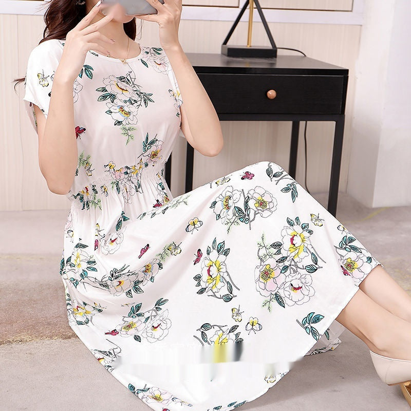 Floral Short Sleeve Dress Elastic And Waisted Slimming