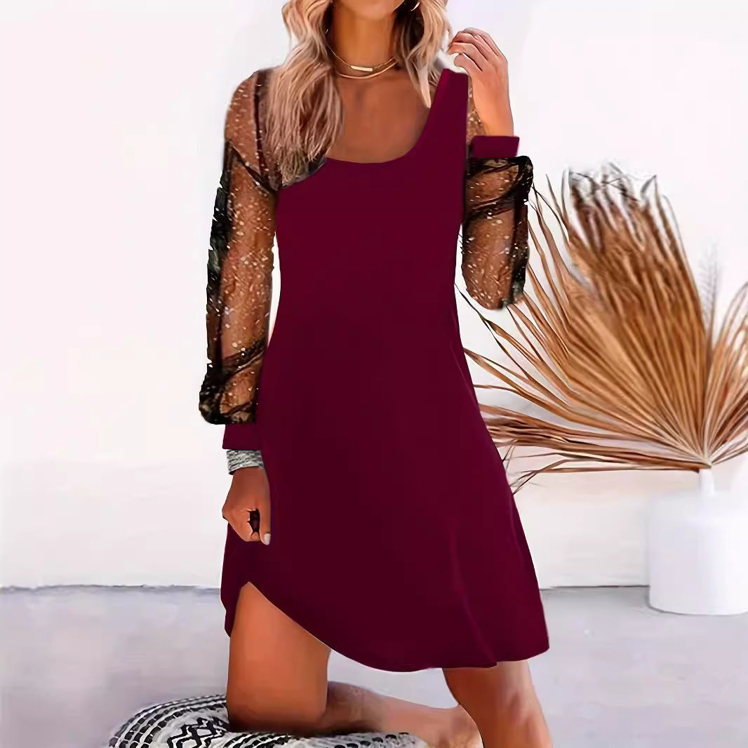 Fashion U-collar Mesh Stitching Long Sleeves Dress