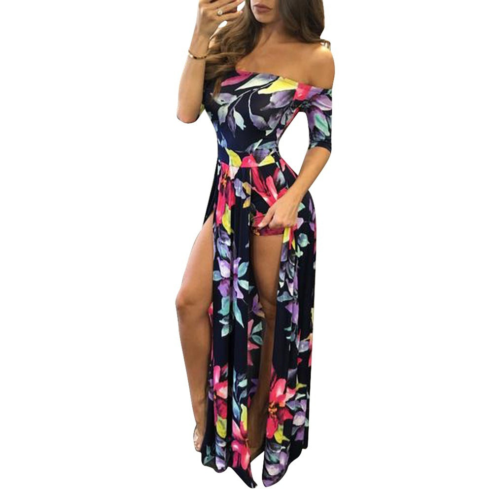 Robe une pièce fendue imprimée grande taille pour femme en trois couleurs