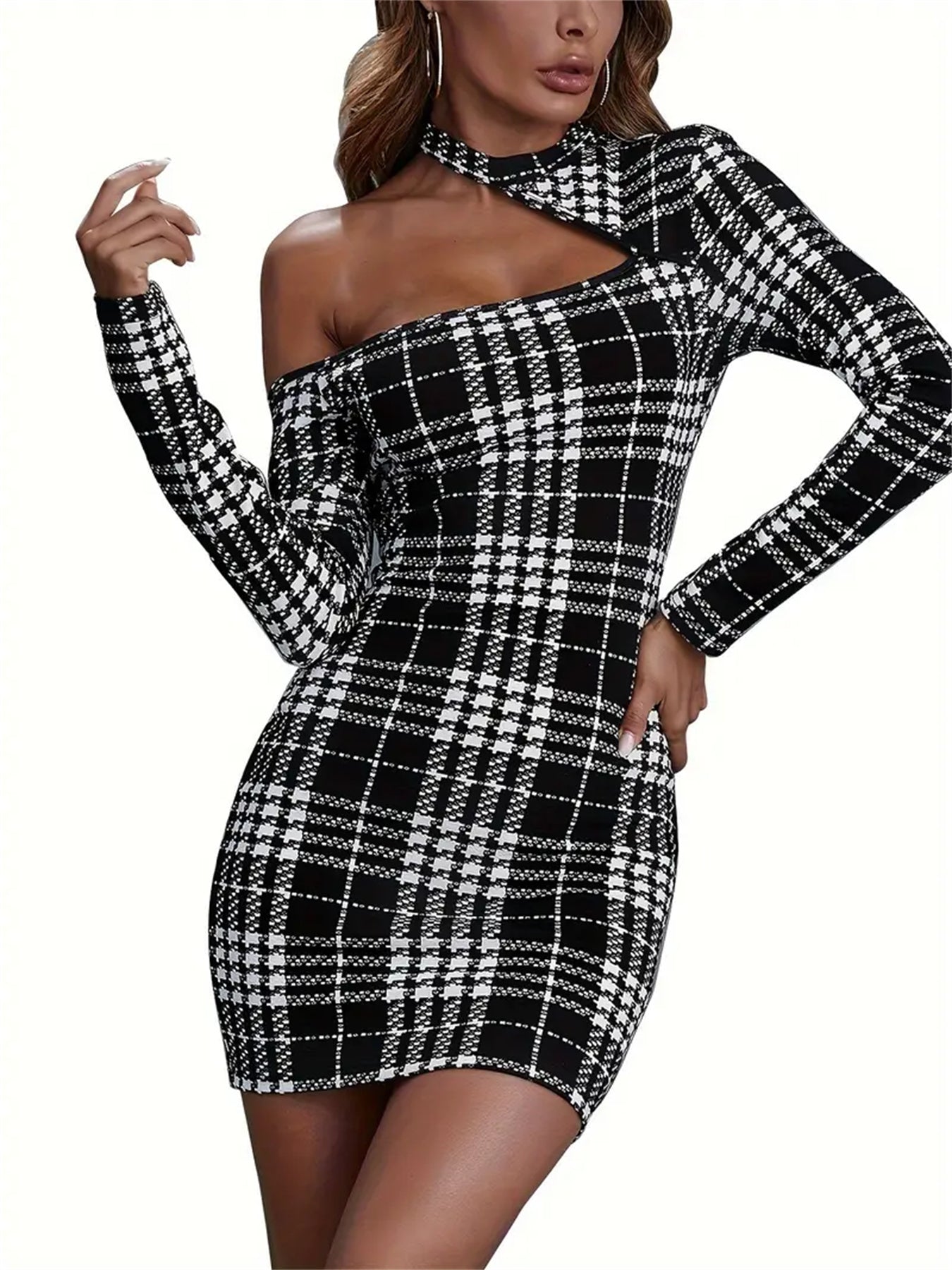 Houndstooth Print Bodycon Asymmetrical Neck Dress, Elegant Long Sleeve Mini Dress For Spring & Fall, Women's Clothing