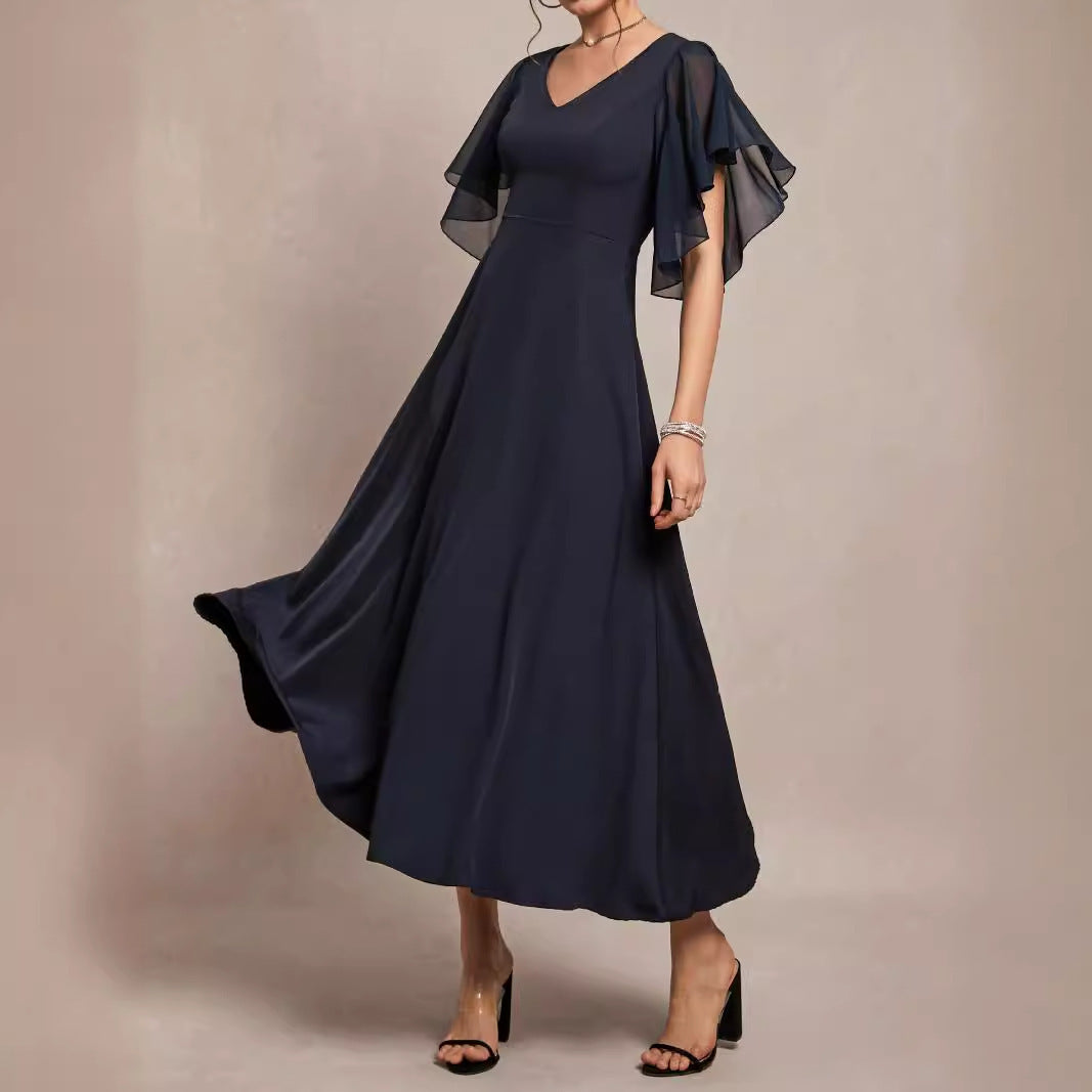 Vestido elegante liso con escote en V y puños con volantes para mujer