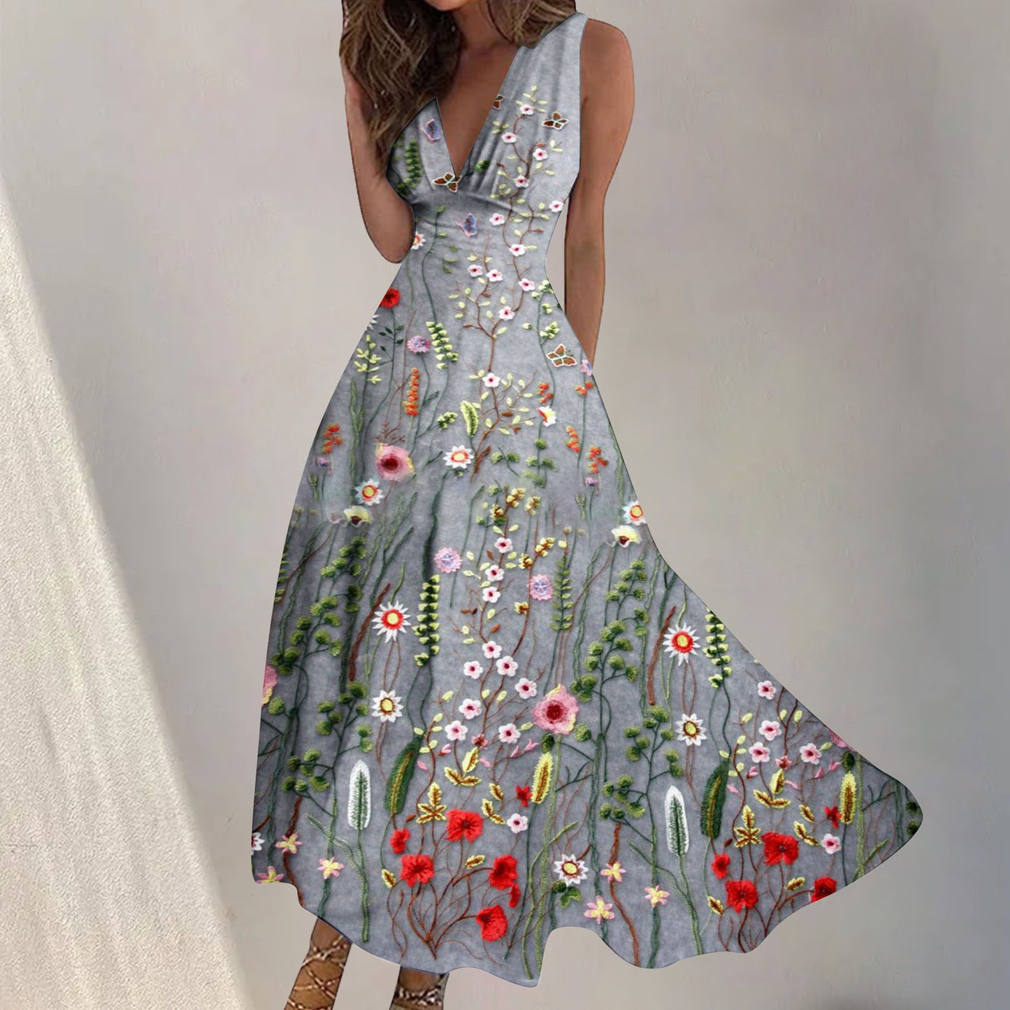 Women's Digital Printing Fashion V-neck Swing Long Dress