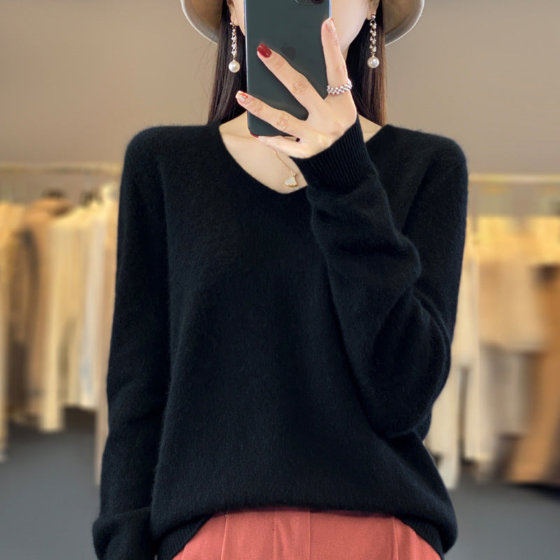 Women's Wool Sweater V-neck Autumn And Winter New Solid Color Loose-fitting Versatile Wool Loose Bottoming Shirt