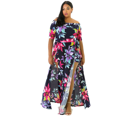 Plus Size Women's Printed One-piece Split Dress Three Colors