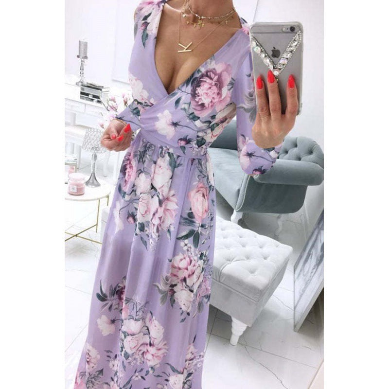 Vestido bohemio de gasa con cuello en V y manga larga de verano para mujer