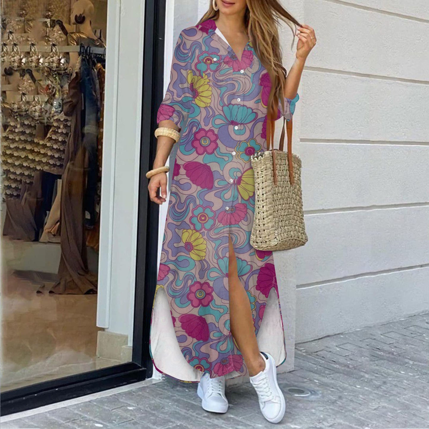 Floral Print Shirt Long Dress