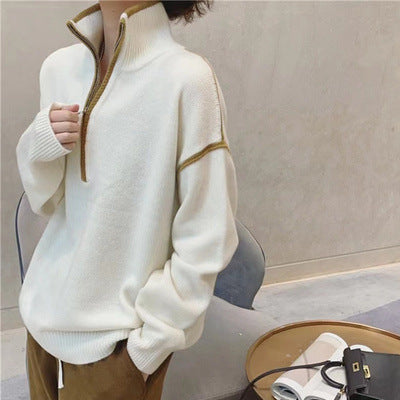 Women's Stand Collar Sweater Loose Short Thick Sweater Half Zipper