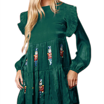 Women's Long Sleeve Sequined Soldier Embroidery Dress