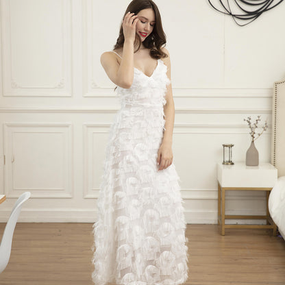 Backless Feather Lace Party Long Dress