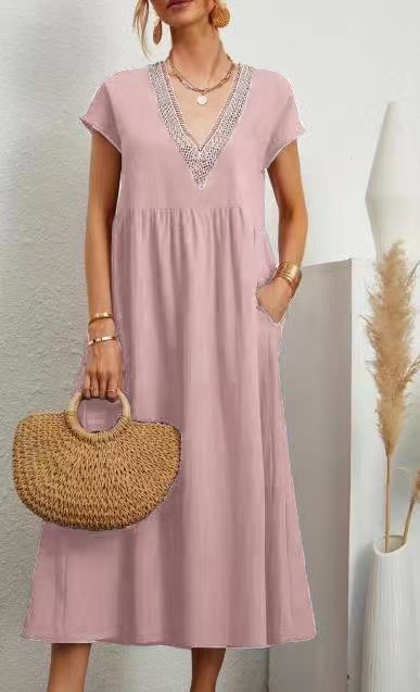 European And American Solid Color Lace V-neck Sleeveless Loose Cotton And Linen Pocket Dress