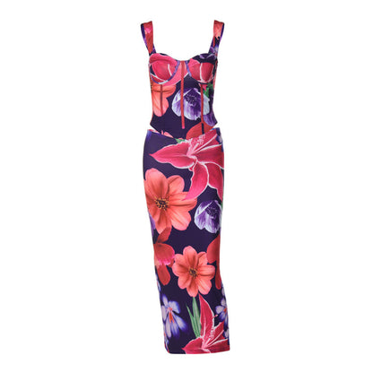 European And American Sleeveless Vest Slim-fit Midi Dress Two-piece Suit Fashion Printing