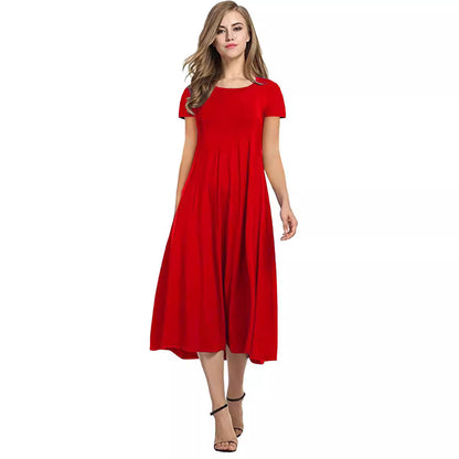 Round Neck Shirt With Half Sleeve Solid Color Wide Hem Dress