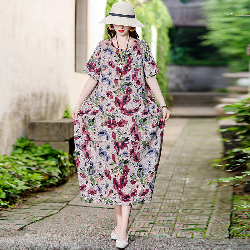 Vestido informal versátil de algodón y lino con estampado floral para mujer