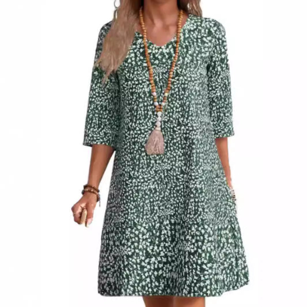 Autumn New Floral Print Mid-length Sleeves V-neck Mid-length Dress Women