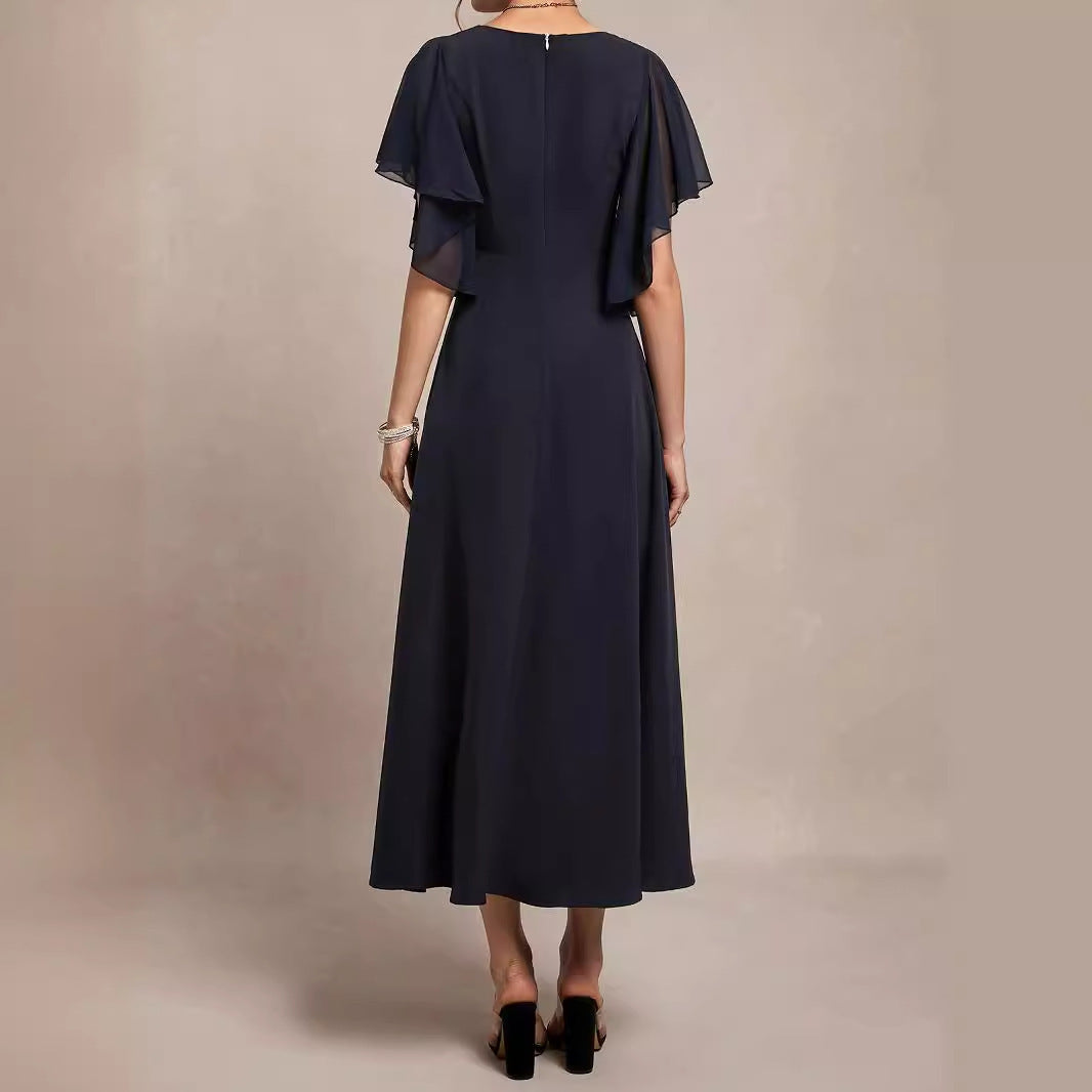 Vestido elegante liso con escote en V y puños con volantes para mujer