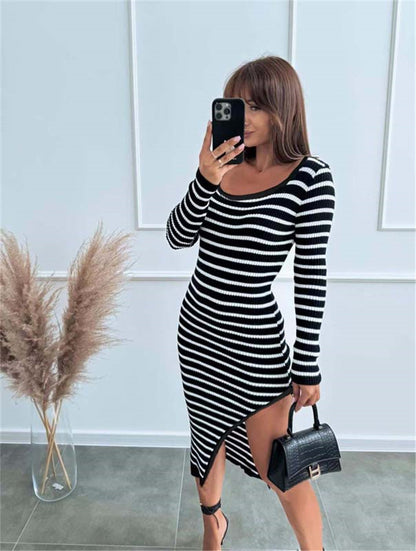 Autumn And Winter New Striped Printed Side Slit Elegant Dress