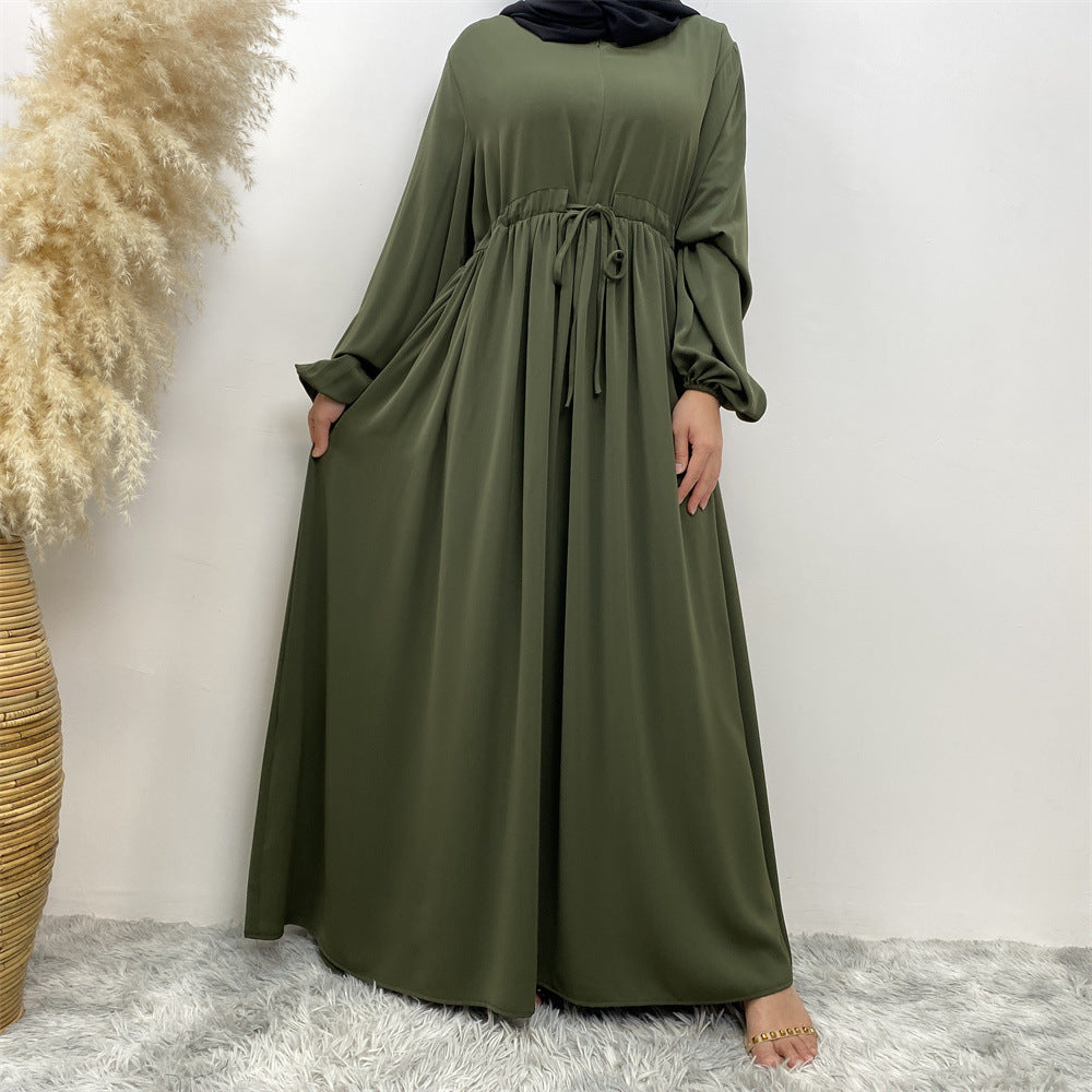 Muslim Simple Design Solid Color Stretch Sleeves, Front Zipper Elegant Swing Dress