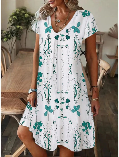 Robe à manches courtes et col en V avec imprimé floral en 3D