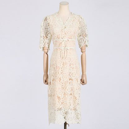 French Elegant Dress Women's New Lace Embroidered Short Sleeve Slim-fit High-end Socialite Dress