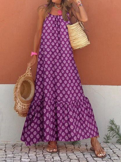 Vestido largo holgado con escote en V y estampado de orejas de madera para vacaciones estilo bohemio europeo y americano