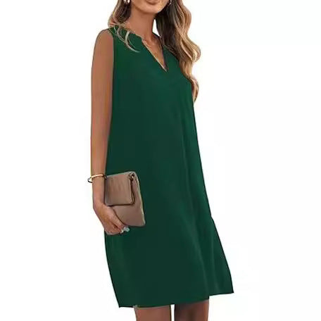 Sleeveless Elegant V-neck Loose Solid Color Dress Women