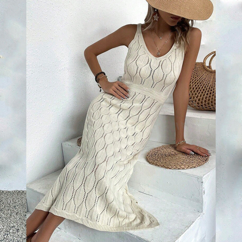 Robe de plage en tricot de couleur unie pour femme