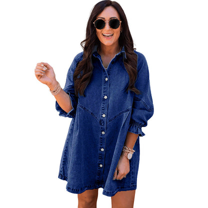 Three-quarter Sleeve Denim Dress Women's Casual Ruffles