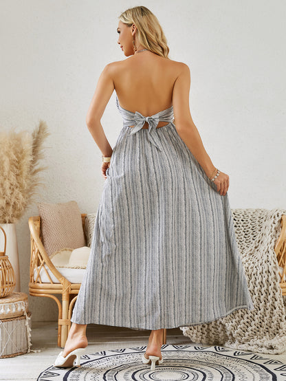 Robe longue bohème à licou - Robe de plage fluide sans manches à rayures pour femme