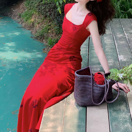 French Red Rose Fishtail Skirt Women's Bright Red Square Collar Holiday Vest Camisole Dress