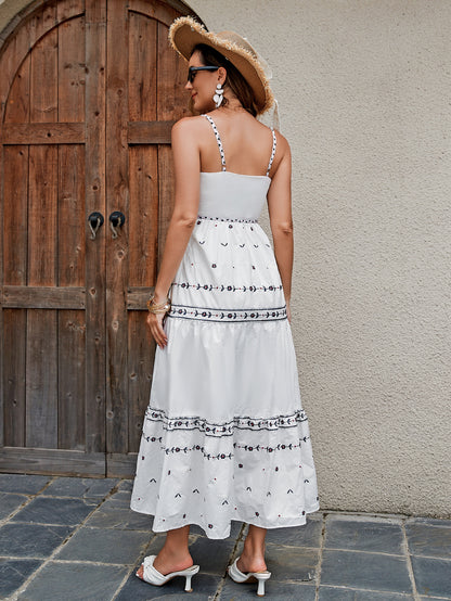 Vestido de verano bohemio para mujer: vestido largo de algodón con bordado, tejido ligero y transpirable y cintura elástica para vacaciones en la playa