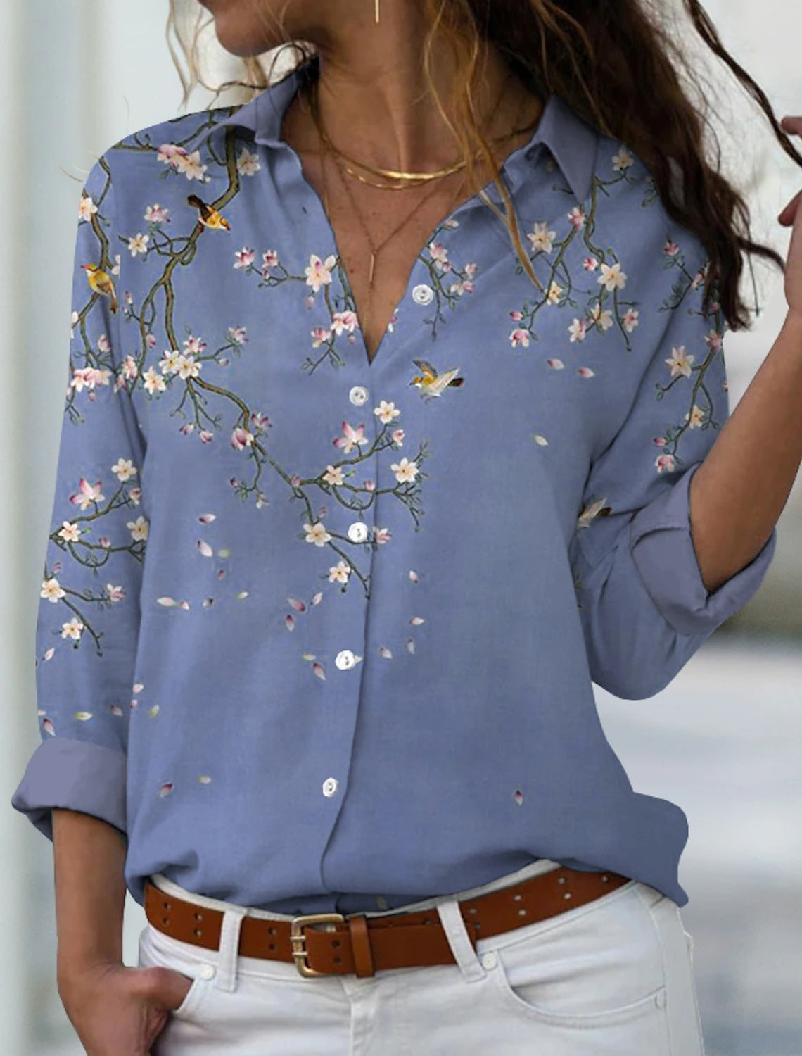 Blusa de manga larga para mujer, nueva, con estampado elegante clásico de ramas de flores en color sólido, cárdigan suelto digital 3D