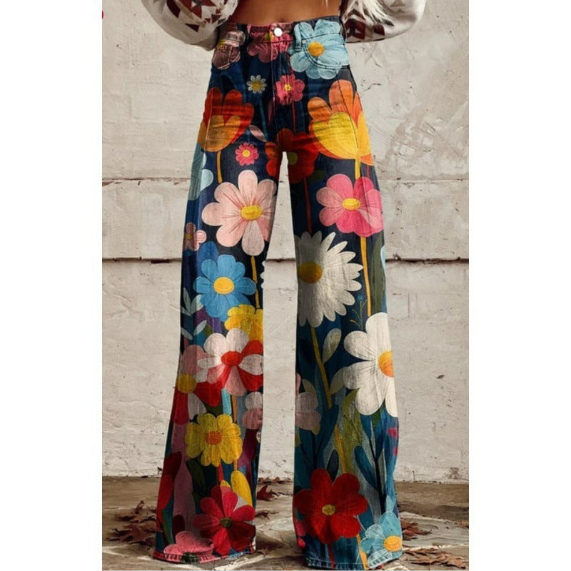 Fashion Women's Printed High Waist Loose Thin Imitation Denim Wide Leg Pants