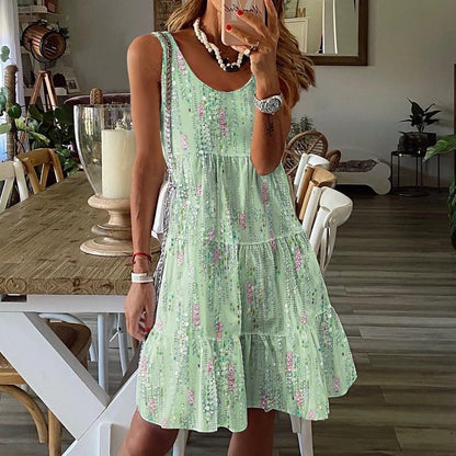 Casual Fashion Floral Print Loose Round Neck Sleeveless Mid-length Dress