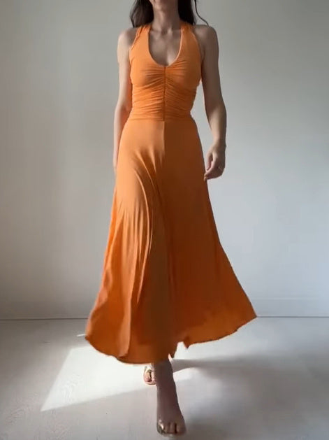 Robe froncée à bretelles de couleur unie pour femme