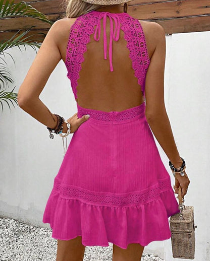 Female Solid Color Hollow Lace Patchwork Neck Tie Dress