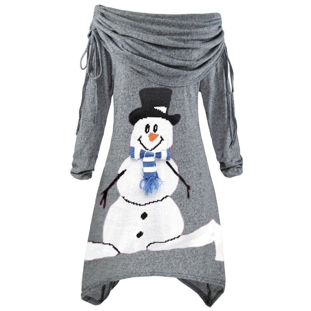 Women's Snowman Printed Pleated Collar Irregular Drawstring Dress