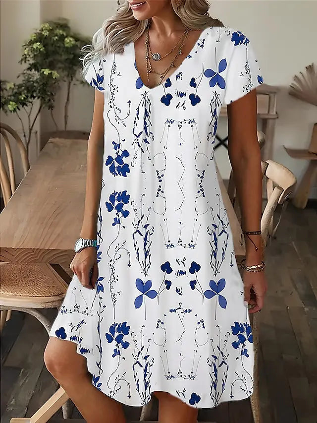 Robe à manches courtes et col en V avec imprimé floral en 3D