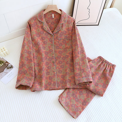 Women's Spring And Autumn Lapel Rose Double-layer Cotton Yarn Long Sleeves Home Wear Suit