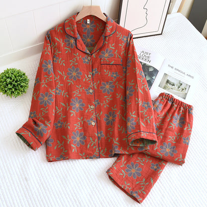 Women's Spring And Autumn Lapel Rose Double-layer Cotton Yarn Long Sleeves Home Wear Suit