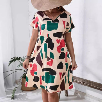 Printed V-neck Short Sleeve Dress Women