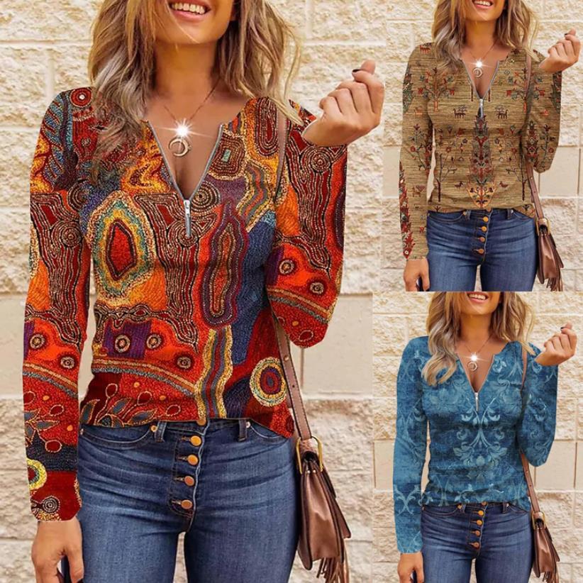 Women's Long Printed Zipper Bottoming Shirt Top