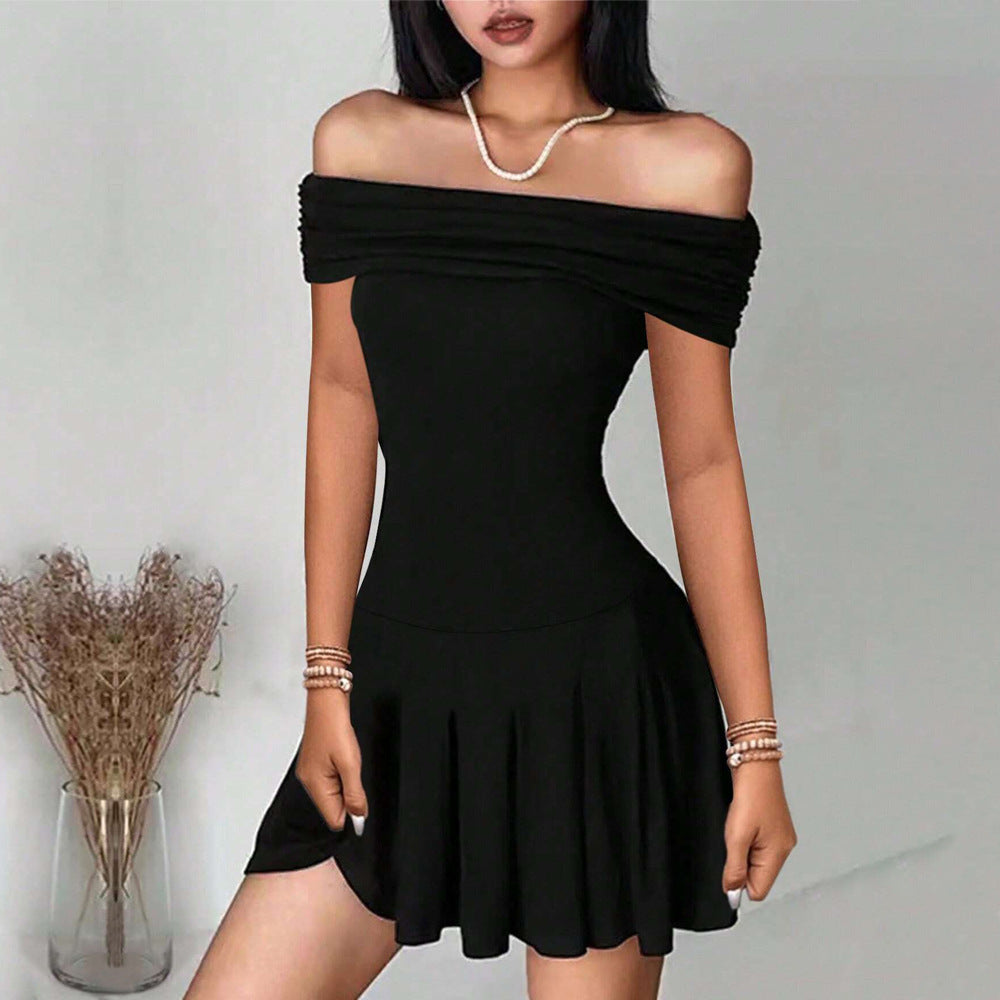 Pure Desire Style Off-shoulder Dress Off-neck High Waist Skirt