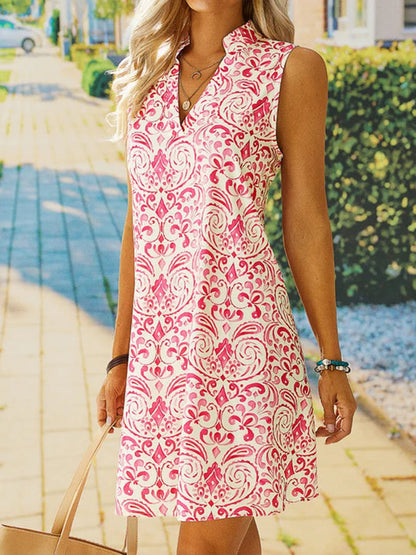 Minivestido sin mangas con cuello en V y estampado de flores para mujer, de primavera y verano, muy vendido, color rojo rosa dulce