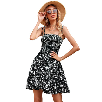 Sling Smocking Shivering Dots Dress Women