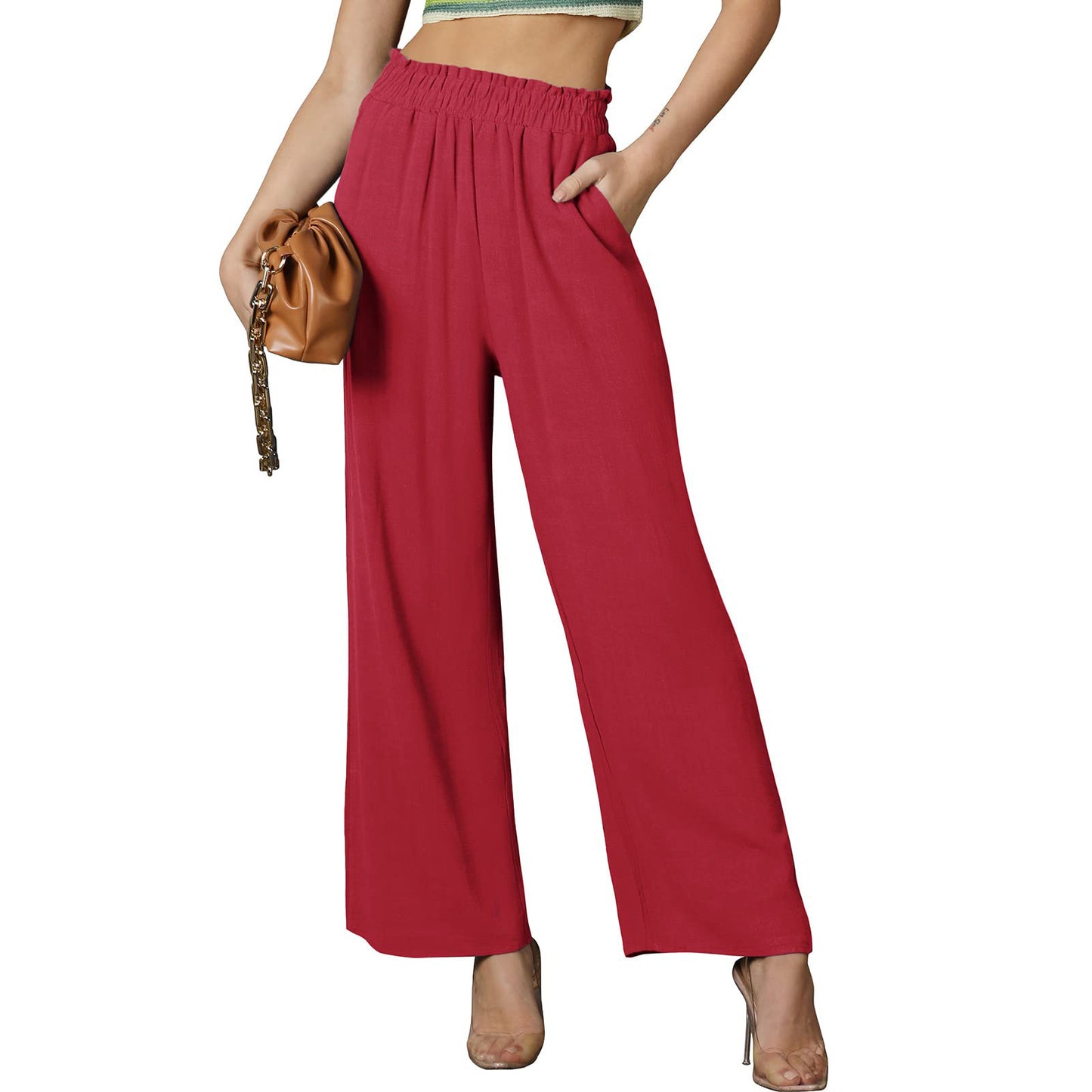 Pantalon décontracté ample de couleur unie pour femme