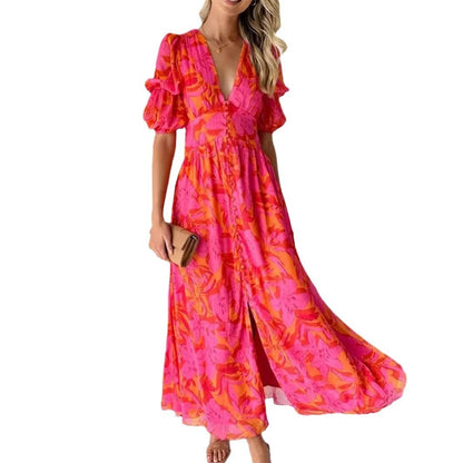 Foreign Trade V-neck Short Sleeve Chiffon Mid-length Dress