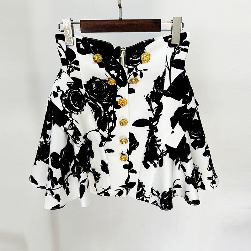 Tulip Waistline Rose Metal Buckle Printed Short Skirt Skirt