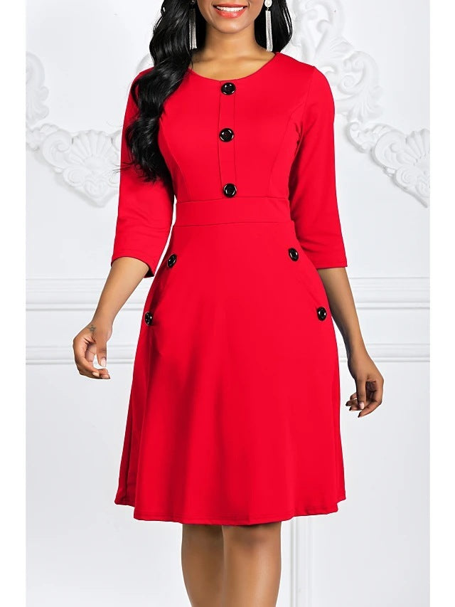 Robe de couleur unie pour femmes européennes et américaines automne et hiver col rond manches 34 bouton taille serrée