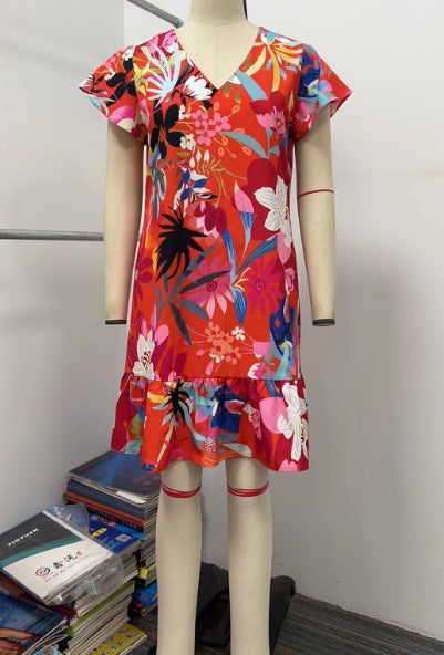 Ladies New V-neck Printed Short Sleeve Dress