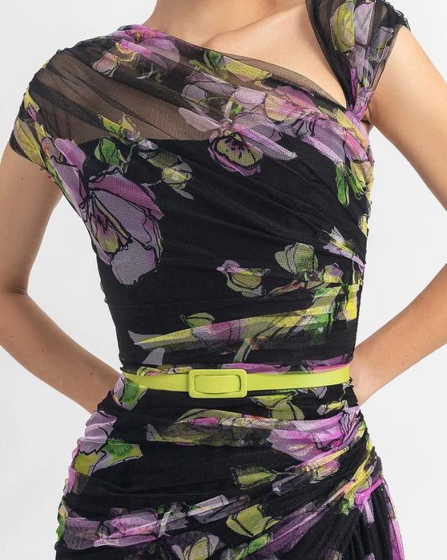 Robe longue plissée en maille imprimée avec ceinture pour femmes